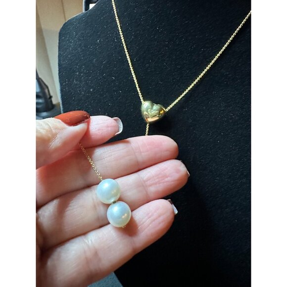 18K Gold Yellow Puffed Heart Diamond Dangle 8.5mm Pearls 16"Chain 5.46 Grams. - Picture 8 of 13